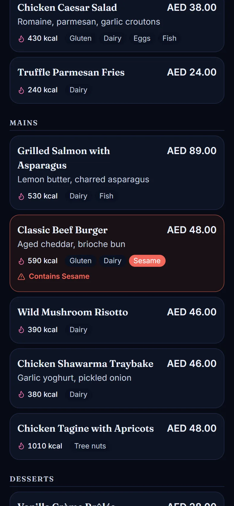 The QR menu on a phone: calories and allergens for every dish, with a dish that contains the guest’s allergen highlighted