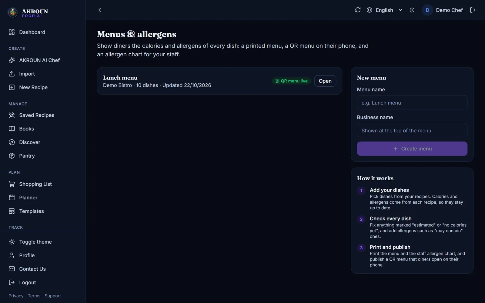 Menus & Allergens — your menus on the left, the New menu form and How it works on the right