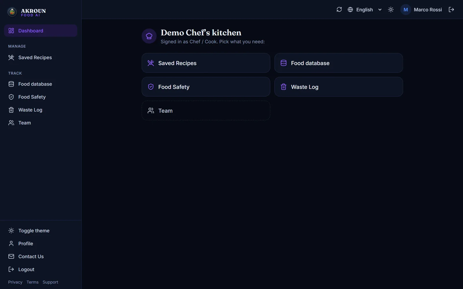 A cook's kitchen home: only the recipes, the food database, food safety and the waste log