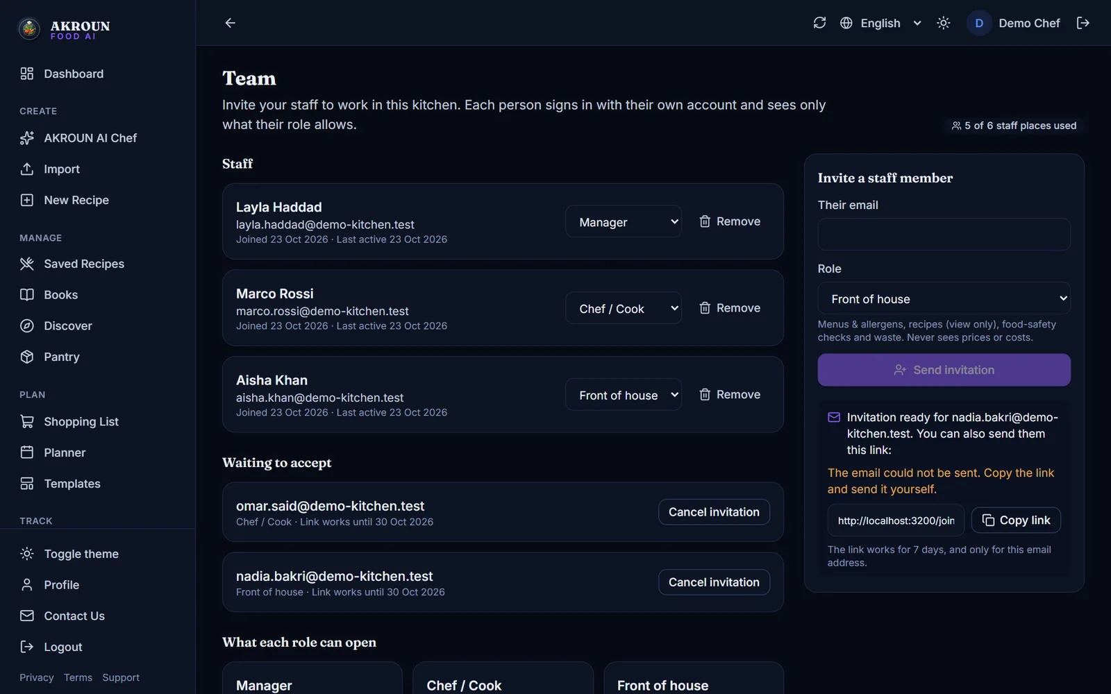 The Team page: the invite form with the email and the role, and the invitation ready to share