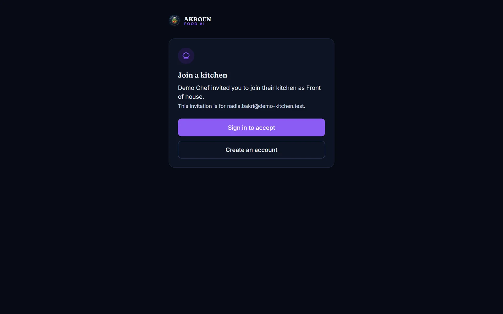 The invitation as the staff member sees it: who invited them, the role, and the buttons to sign in or create an account