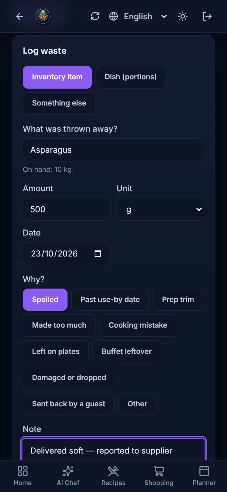 Logging waste on a phone: the item, the amount, the reason and the cost worked out on the spot